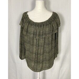 Ann Taylor Size Medium Green Crosshatch Off The Shoulder Blouse Ruffle Chiffon